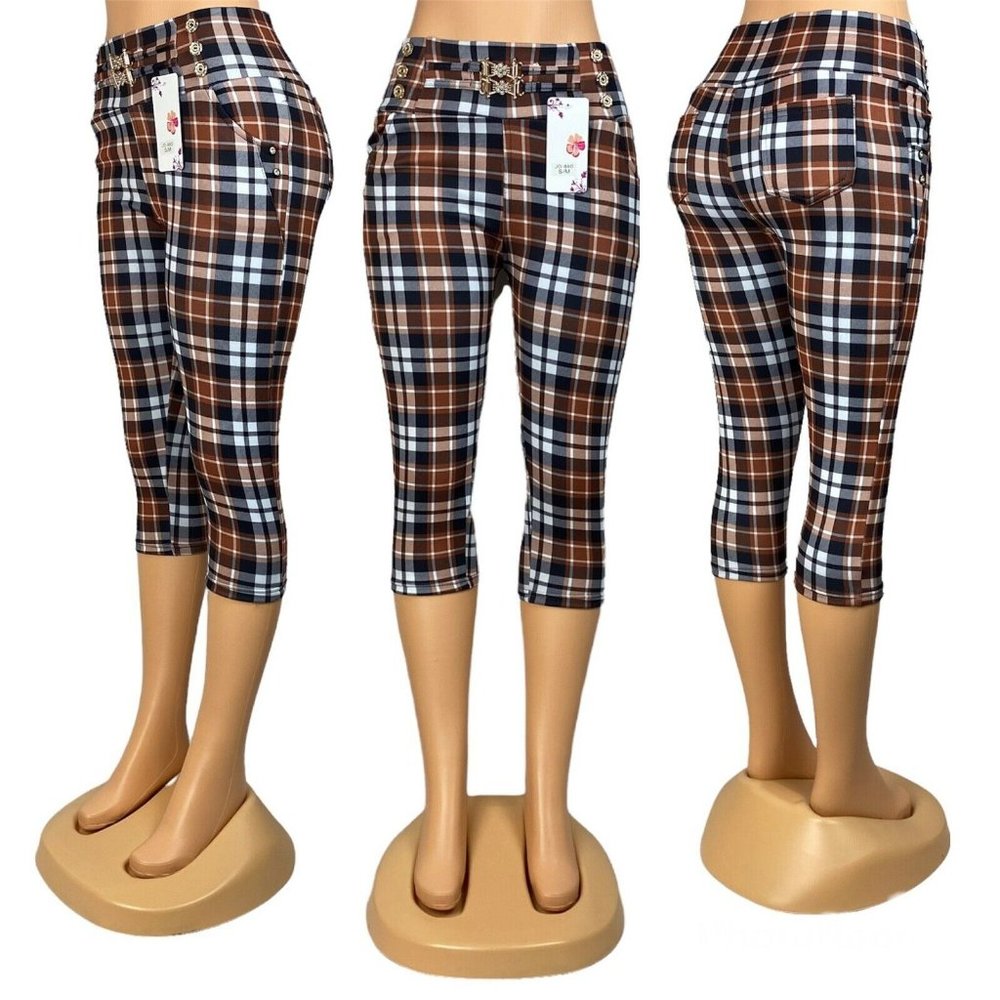 Plaid Capri Pants - Brown/Black/White -